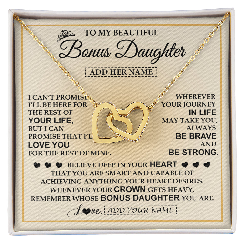 Interlocking Hearts Necklace 18K Yellow Gold Finish | 1 | Personalized To My Beautiful Bonus Daughter Necklace Jewelry Present For Women Stepddaughter Birthday Mother's Day Wedding Day Christmas Gift Box Message Card | siriusteestore