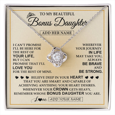 Love Knot Necklace 14K White Gold Finish | 1 | Personalized To My Beautiful Bonus Daughter Necklace Jewelry Present For Women Stepddaughter Birthday Mother's Day Wedding Day Christmas Gift Box Message Card | siriusteestore