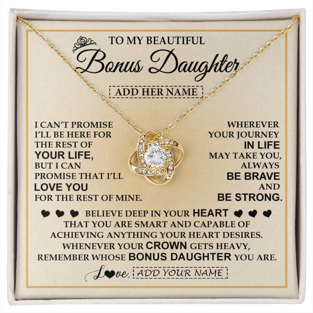 Love Knot Necklace 18K Yellow Gold Finish | 1 | Personalized To My Beautiful Bonus Daughter Necklace Jewelry Present For Women Stepddaughter Birthday Mother's Day Wedding Day Christmas Gift Box Message Card | siriusteestore