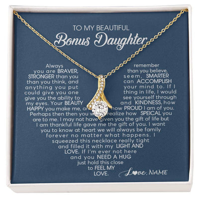 Alluring Beauty Necklace 18K Yellow Gold Finish | Personalized To My Beautiful Bonus Daughter Necklace Need A Hug Just Hold This Stepdaughter Pendant Jewelry Birthday Christmas Customized Gift Box Message Card | siriusteestore
