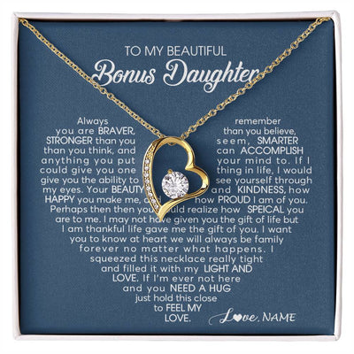 Forever Love Necklace 18K Yellow Gold Finish | Personalized To My Beautiful Bonus Daughter Necklace Need A Hug Just Hold This Stepdaughter Pendant Jewelry Birthday Christmas Customized Gift Box Message Card | siriusteestore