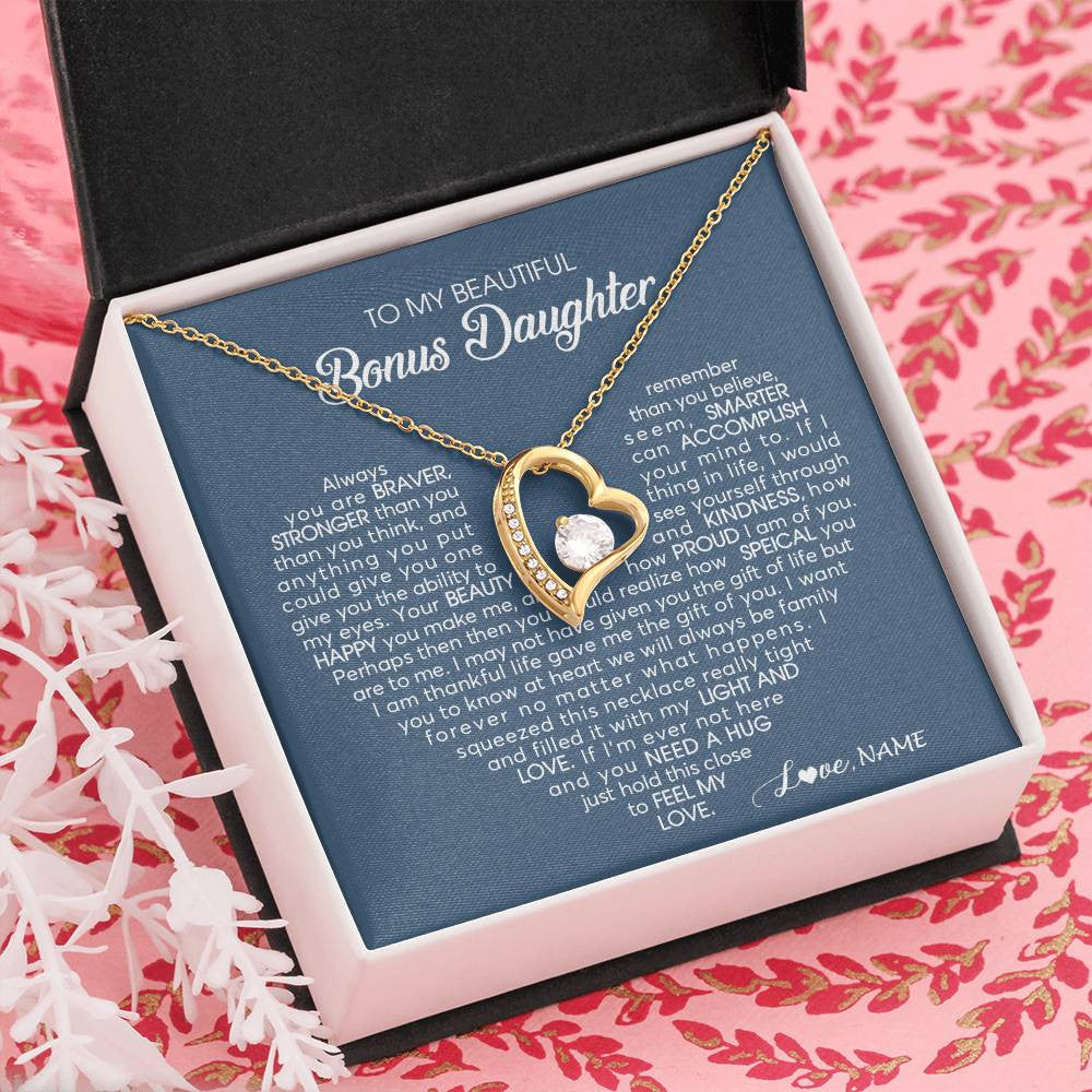 Forever Love Necklace 18K Yellow Gold Finish | Personalized To My Beautiful Bonus Daughter Necklace Need A Hug Just Hold This Stepdaughter Pendant Jewelry Birthday Christmas Customized Gift Box Message Card | siriusteestore