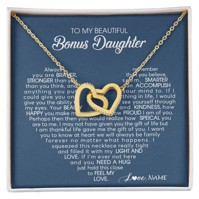 Interlocking Hearts Necklace 18K Yellow Gold Finish | Personalized To My Beautiful Bonus Daughter Necklace Need A Hug Just Hold This Stepdaughter Pendant Jewelry Birthday Christmas Customized Gift Box Message Card | siriusteestore