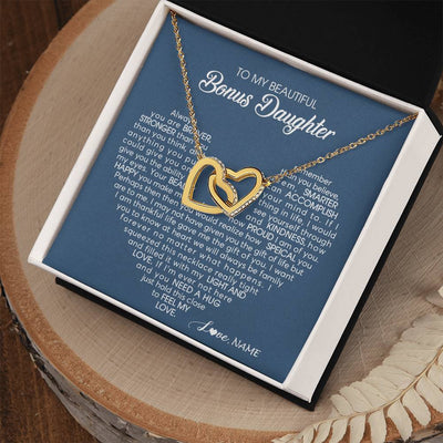 Interlocking Hearts Necklace 18K Yellow Gold Finish | Personalized To My Beautiful Bonus Daughter Necklace Need A Hug Just Hold This Stepdaughter Pendant Jewelry Birthday Christmas Customized Gift Box Message Card | siriusteestore