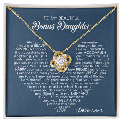 Love Knot Necklace 18K Yellow Gold Finish | Personalized To My Beautiful Bonus Daughter Necklace Need A Hug Just Hold This Stepdaughter Pendant Jewelry Birthday Christmas Customized Gift Box Message Card | siriusteestore