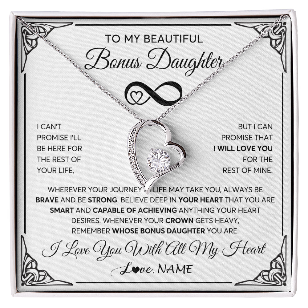 Forever Love Necklace 14K White Gold Finish | 1 | Personalized To My Beautiful Bonus Daughter Necklace Women Girls From Stepdad Mom Love You Stepddaughter Birthday Christmas Customized Gift Box Message Card | siriusteestore