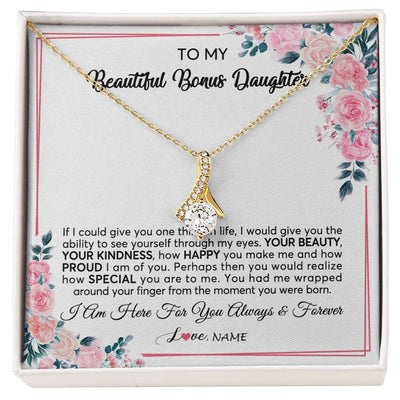Alluring Beauty Necklace 18K Yellow Gold Finish | 1 | Personalized To My Beautiful Bonus Daughter Necklace from Stepmother I Am Here For You Floral Stepdaughter Birthday Christmas Customized Gift Box Message Card | siriusteestore