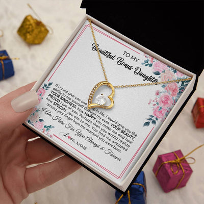 Forever Love Necklace 18K Yellow Gold Finish | 2 | Personalized To My Beautiful Bonus Daughter Necklace from Stepmother I Am Here For You Floral Stepdaughter Birthday Christmas Customized Gift Box Message Card | siriusteestore