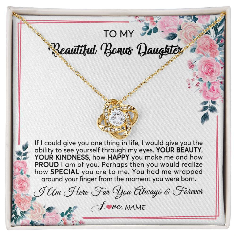 Love Knot Necklace 18K Yellow Gold Finish | 1 | Personalized To My Beautiful Bonus Daughter Necklace from Stepmother I Am Here For You Floral Stepdaughter Birthday Christmas Customized Gift Box Message Card | siriusteestore