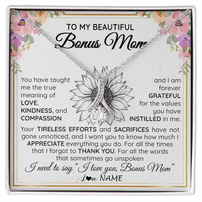 Alluring Beauty Necklace 14K White Gold Finish | Personalized To My Beautiful Bonus Mom From Step Daughter Son Necklace Say I Love You Stepmom Birthday Mothers Day Christmas Customized Gift Box Message Card | siriusteestore