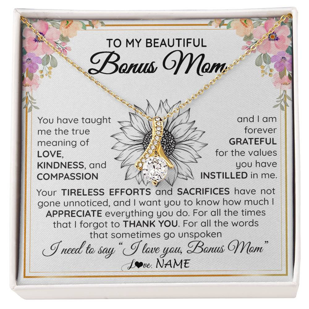 Alluring Beauty Necklace 18K Yellow Gold Finish | Personalized To My Beautiful Bonus Mom From Step Daughter Son Necklace Say I Love You Stepmom Birthday Mothers Day Christmas Customized Gift Box Message Card | siriusteestore