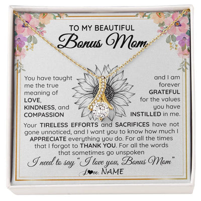 Alluring Beauty Necklace 18K Yellow Gold Finish | Personalized To My Beautiful Bonus Mom From Step Daughter Son Necklace Say I Love You Stepmom Birthday Mothers Day Christmas Customized Gift Box Message Card | siriusteestore