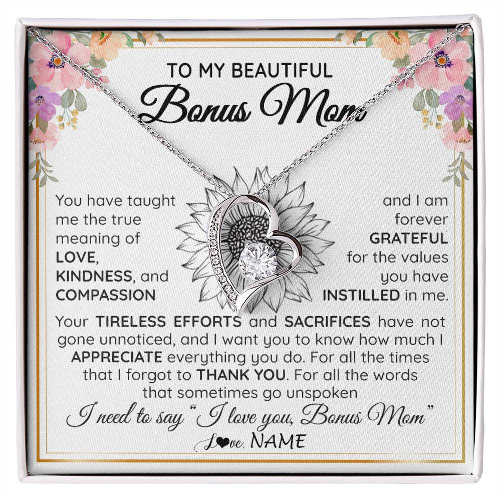 Forever Love Necklace 14K White Gold Finish | Personalized To My Beautiful Bonus Mom From Step Daughter Son Necklace Say I Love You Stepmom Birthday Mothers Day Christmas Customized Gift Box Message Card | siriusteestore