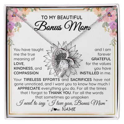 Forever Love Necklace 14K White Gold Finish | Personalized To My Beautiful Bonus Mom From Step Daughter Son Necklace Say I Love You Stepmom Birthday Mothers Day Christmas Customized Gift Box Message Card | siriusteestore