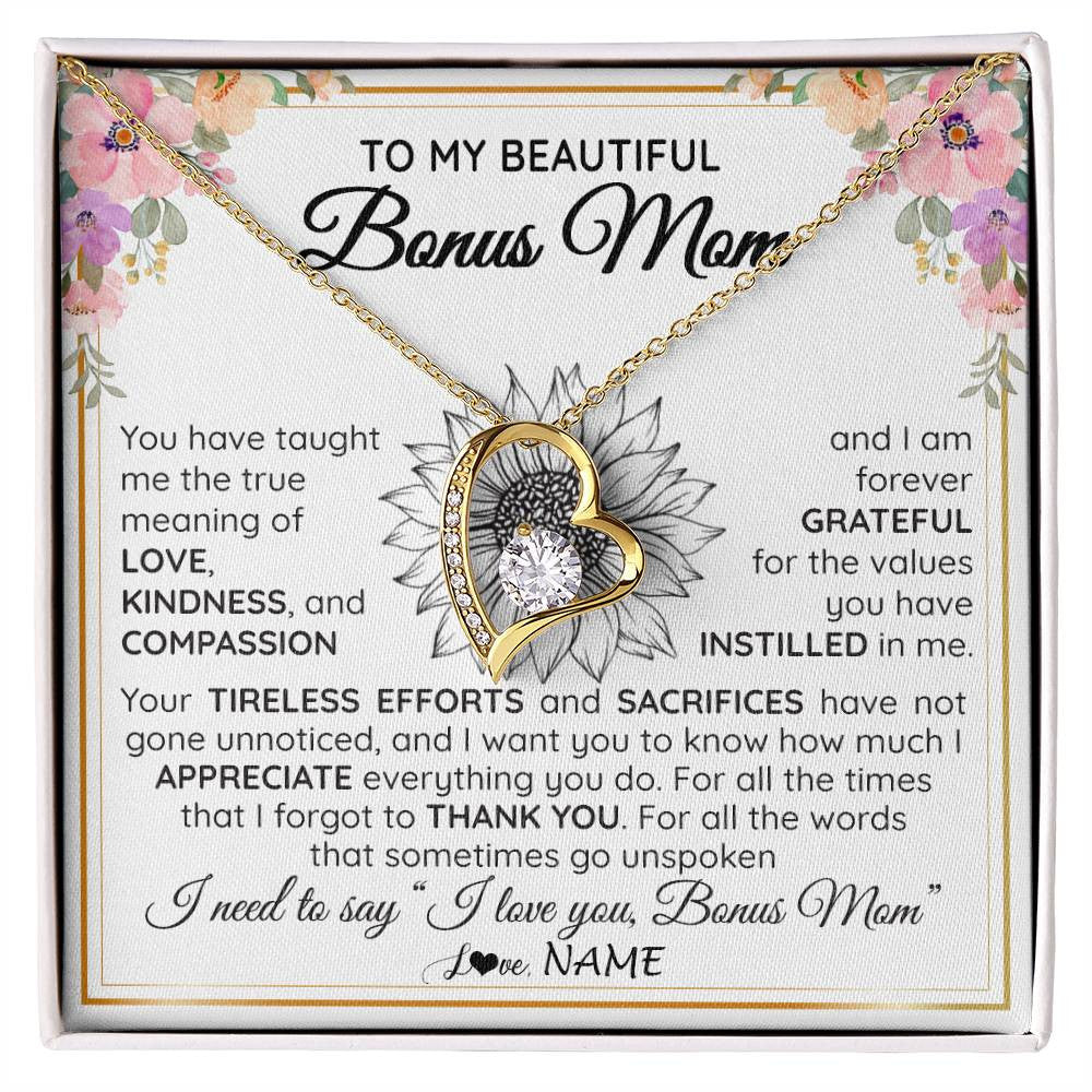 Forever Love Necklace 18K Yellow Gold Finish | Personalized To My Beautiful Bonus Mom From Step Daughter Son Necklace Say I Love You Stepmom Birthday Mothers Day Christmas Customized Gift Box Message Card | siriusteestore