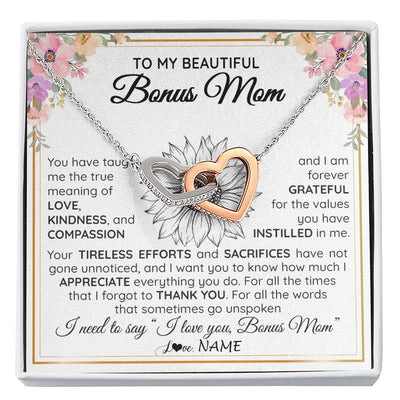 Interlocking Hearts Necklace Stainless Steel & Rose Gold Finish | Personalized To My Beautiful Bonus Mom From Step Daughter Son Necklace Say I Love You Stepmom Birthday Mothers Day Christmas Customized Gift Box Message Card | siriusteestore