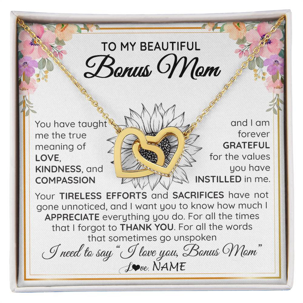 Interlocking Hearts Necklace 18K Yellow Gold Finish | Personalized To My Beautiful Bonus Mom From Step Daughter Son Necklace Say I Love You Stepmom Birthday Mothers Day Christmas Customized Gift Box Message Card | siriusteestore