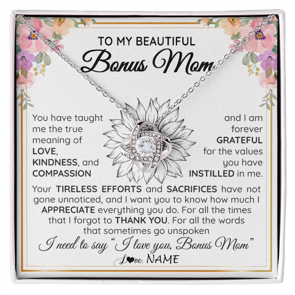 Love Knot Necklace 14K White Gold Finish | Personalized To My Beautiful Bonus Mom From Step Daughter Son Necklace Say I Love You Stepmom Birthday Mothers Day Christmas Customized Gift Box Message Card | siriusteestore