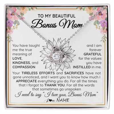 Love Knot Necklace 14K White Gold Finish | Personalized To My Beautiful Bonus Mom From Step Daughter Son Necklace Say I Love You Stepmom Birthday Mothers Day Christmas Customized Gift Box Message Card | siriusteestore