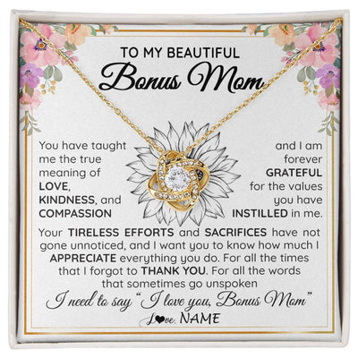 Love Knot Necklace 18K Yellow Gold Finish | Personalized To My Beautiful Bonus Mom From Step Daughter Son Necklace Say I Love You Stepmom Birthday Mothers Day Christmas Customized Gift Box Message Card | siriusteestore