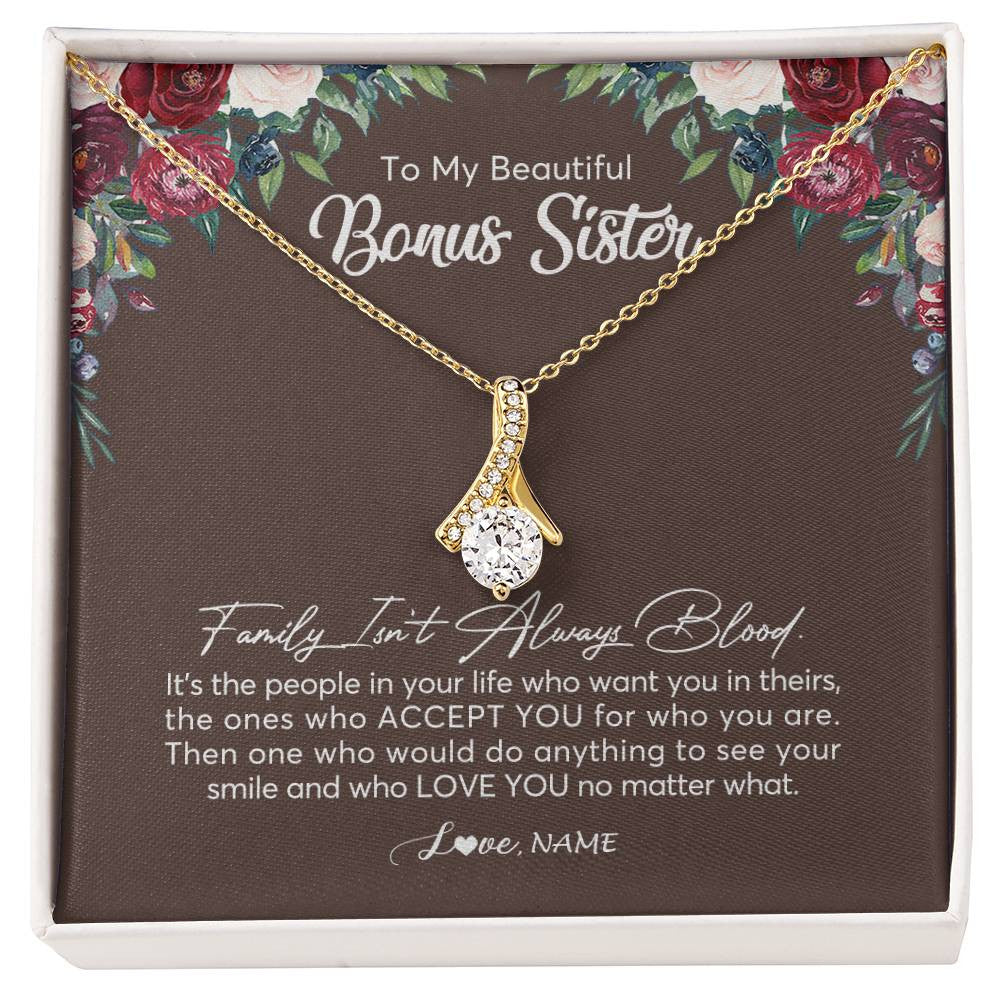 Alluring Beauty Necklace 18K Yellow Gold Finish | Personalized To My Beautiful Bonus Sister Necklace Family Itn't Always Blood Sister In Law Jewelry Birthday Wedding Christmas Customized Gift Box Message Card | siriusteestore