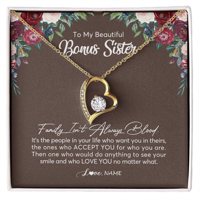 Forever Love Necklace 18K Yellow Gold Finish | Personalized To My Beautiful Bonus Sister Necklace Family Itn't Always Blood Sister In Law Jewelry Birthday Wedding Christmas Customized Gift Box Message Card | siriusteestore