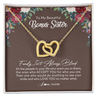 Interlocking Hearts Necklace 18K Yellow Gold Finish | Personalized To My Beautiful Bonus Sister Necklace Family Itn't Always Blood Sister In Law Jewelry Birthday Wedding Christmas Customized Gift Box Message Card | siriusteestore