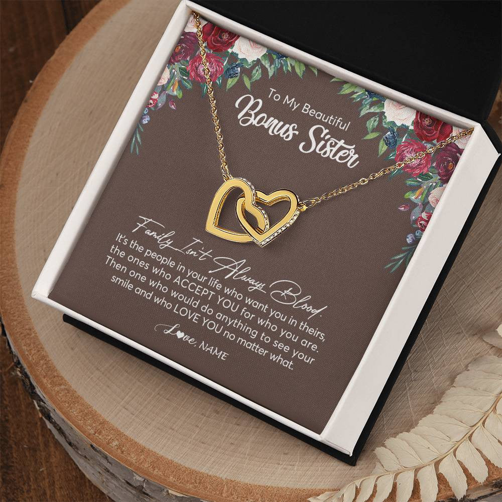 Interlocking Hearts Necklace 18K Yellow Gold Finish | Personalized To My Beautiful Bonus Sister Necklace Family Itn't Always Blood Sister In Law Jewelry Birthday Wedding Christmas Customized Gift Box Message Card | siriusteestore