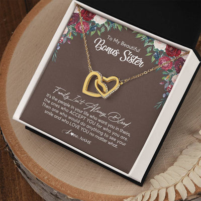 Interlocking Hearts Necklace 18K Yellow Gold Finish | Personalized To My Beautiful Bonus Sister Necklace Family Itn't Always Blood Sister In Law Jewelry Birthday Wedding Christmas Customized Gift Box Message Card | siriusteestore