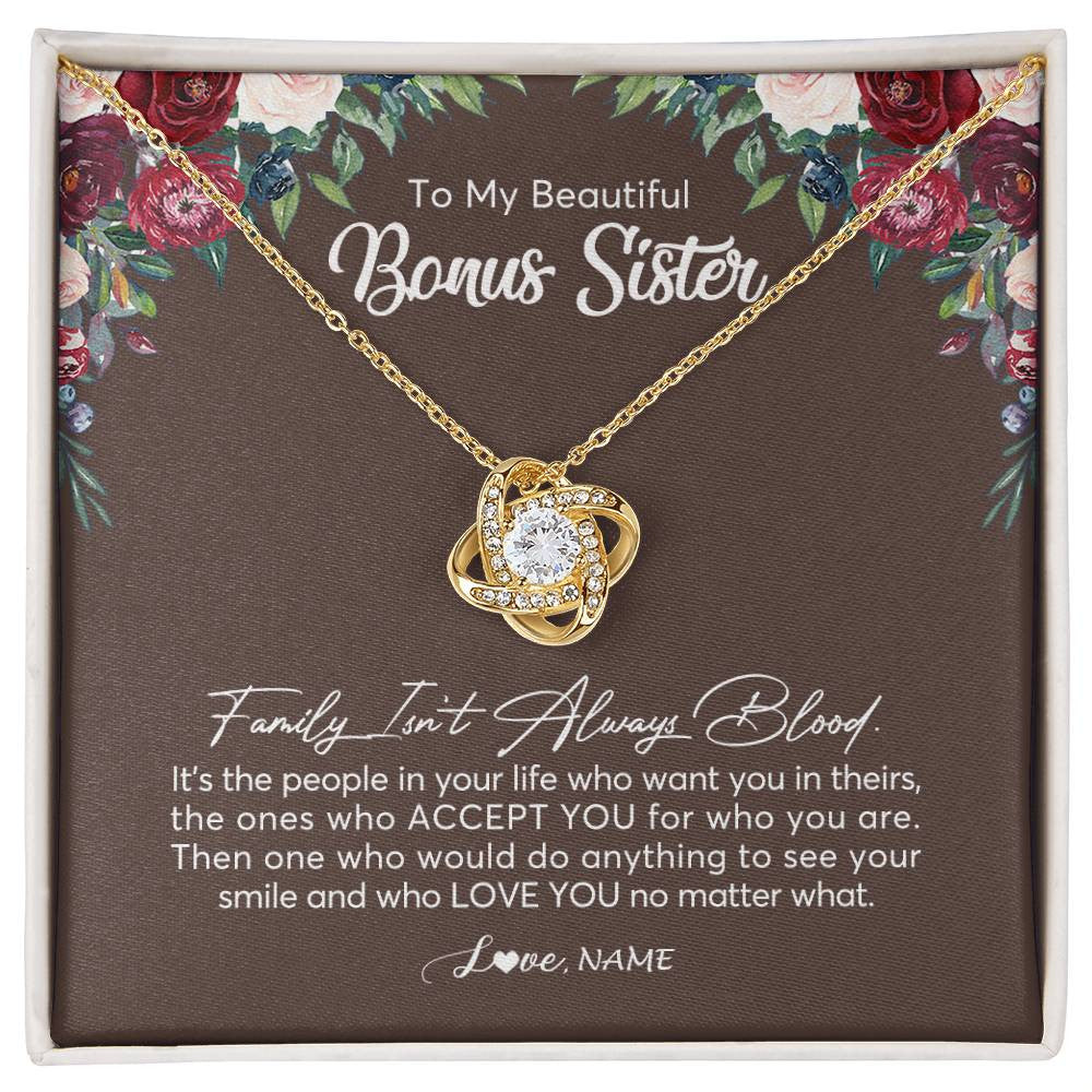 Love Knot Necklace 18K Yellow Gold Finish | Personalized To My Beautiful Bonus Sister Necklace Family Itn't Always Blood Sister In Law Jewelry Birthday Wedding Christmas Customized Gift Box Message Card | siriusteestore