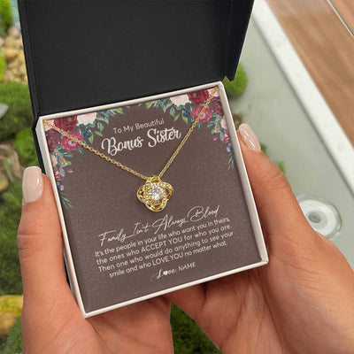 Love Knot Necklace 18K Yellow Gold Finish | Personalized To My Beautiful Bonus Sister Necklace Family Itn't Always Blood Sister In Law Jewelry Birthday Wedding Christmas Customized Gift Box Message Card | siriusteestore