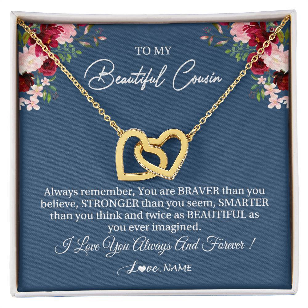 Interlocking Hearts Necklace 18K Yellow Gold Finish | Personalized To My Beautiful Cousin Necklace From Family Braver Stronger Smarter Cousin Pendant Jewelry Birthday Graduation Christmas Customized Message Card | siriusteestore