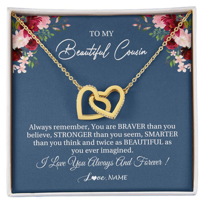 Interlocking Hearts Necklace 18K Yellow Gold Finish | Personalized To My Beautiful Cousin Necklace From Family Braver Stronger Smarter Cousin Pendant Jewelry Birthday Graduation Christmas Customized Message Card | siriusteestore