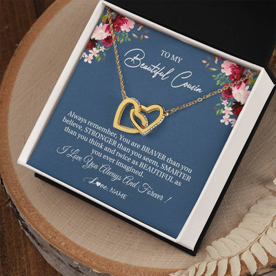 Interlocking Hearts Necklace 18K Yellow Gold Finish | Personalized To My Beautiful Cousin Necklace From Family Braver Stronger Smarter Cousin Pendant Jewelry Birthday Graduation Christmas Customized Message Card | siriusteestore