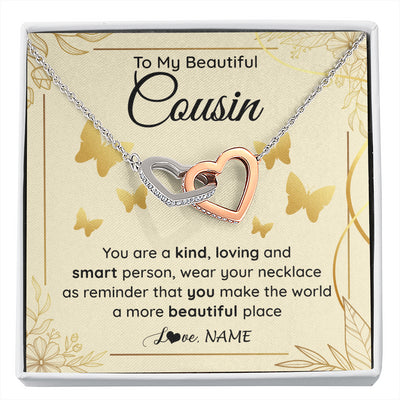 Interlocking Hearts Necklace Stainless Steel & Rose Gold Finish | 1 | Personalized To My Beautiful Cousin Necklace From Family You Are A Kind Loving Cousin Birthday Gifts Jewelry Christmas Customized Gift Box Message Card | siriusteestore