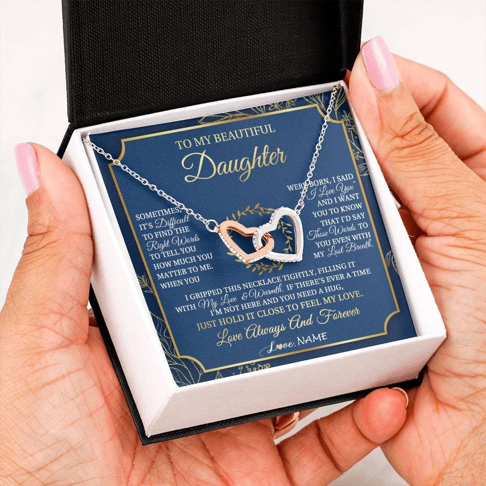 Interlocking Hearts Necklace Stainless Steel & Rose Gold Finish | 2 | Personalized To My Beautiful Daughter From Mom Dad Mother I Gripped This Necklace Daughter Jewelry Birthday Gifts Christmas Customized Gift Box Message Card | siriusteestore
