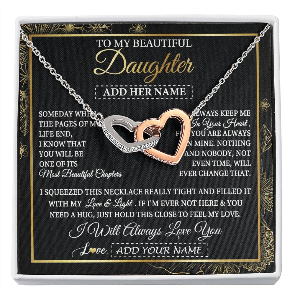 Interlocking Hearts Necklace Stainless Steel & Rose Gold Finish | 1 | Personalized To My Beautiful Daughter Gifts Necklace From Mom Dad Feel My Love For Adult Daughter Graduation Christmas Graduation Custom Gift Box Message Card | https://siriusteestore.