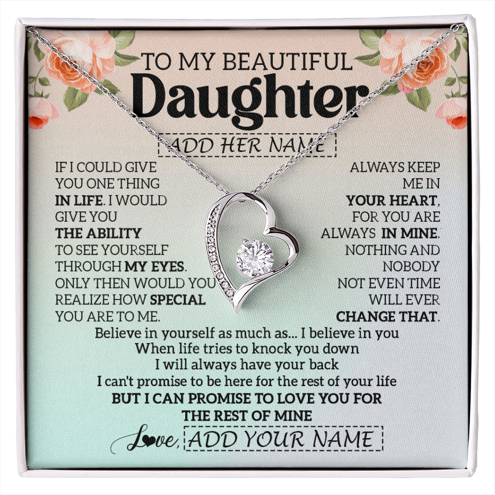 Forever Love Necklace 14K White Gold Finish | 1 | Personalized To My Beautiful Daughter Gifts Necklace From Mom Dad Mother Love Jewelry For Daughter Birthday Christmas Customized Gift Box Message Card | siriusteestore