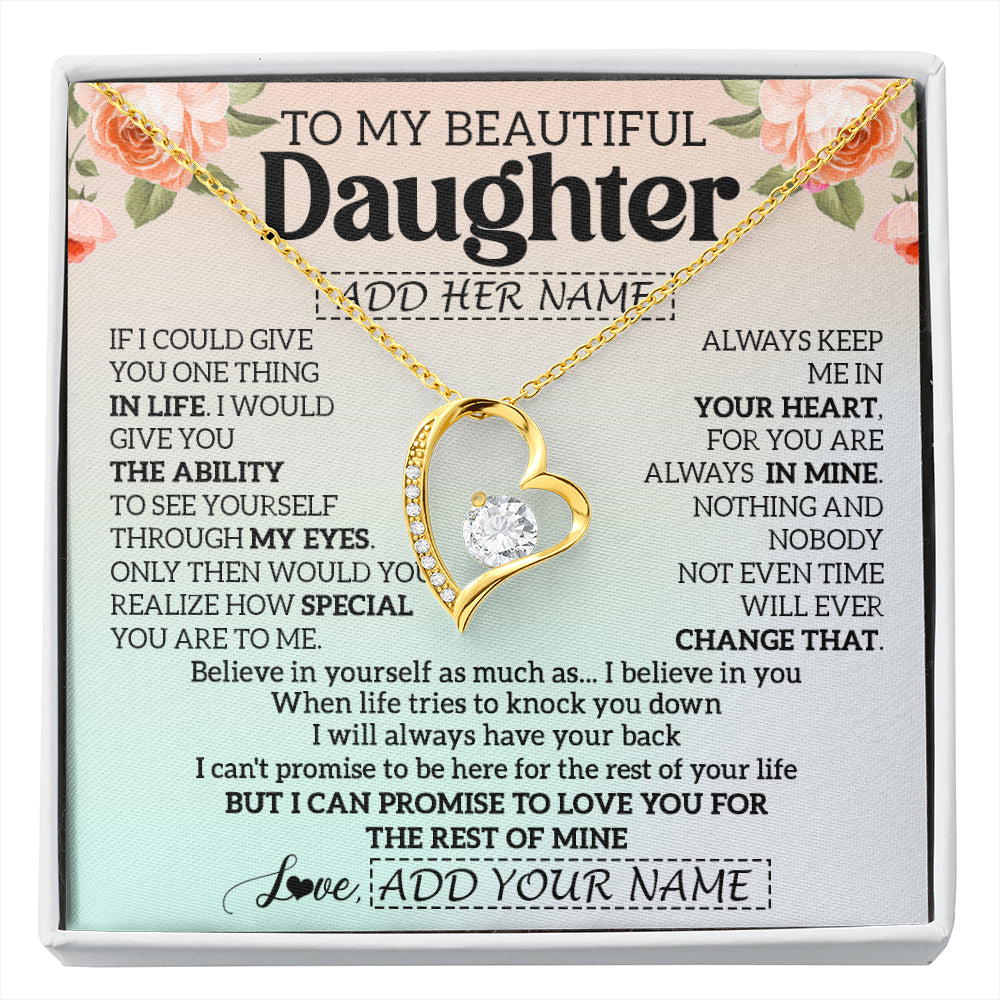 Forever Love Necklace 18K Yellow Gold Finish | 1 | Personalized To My Beautiful Daughter Gifts Necklace From Mom Dad Mother Love Jewelry For Daughter Birthday Christmas Customized Gift Box Message Card | siriusteestore