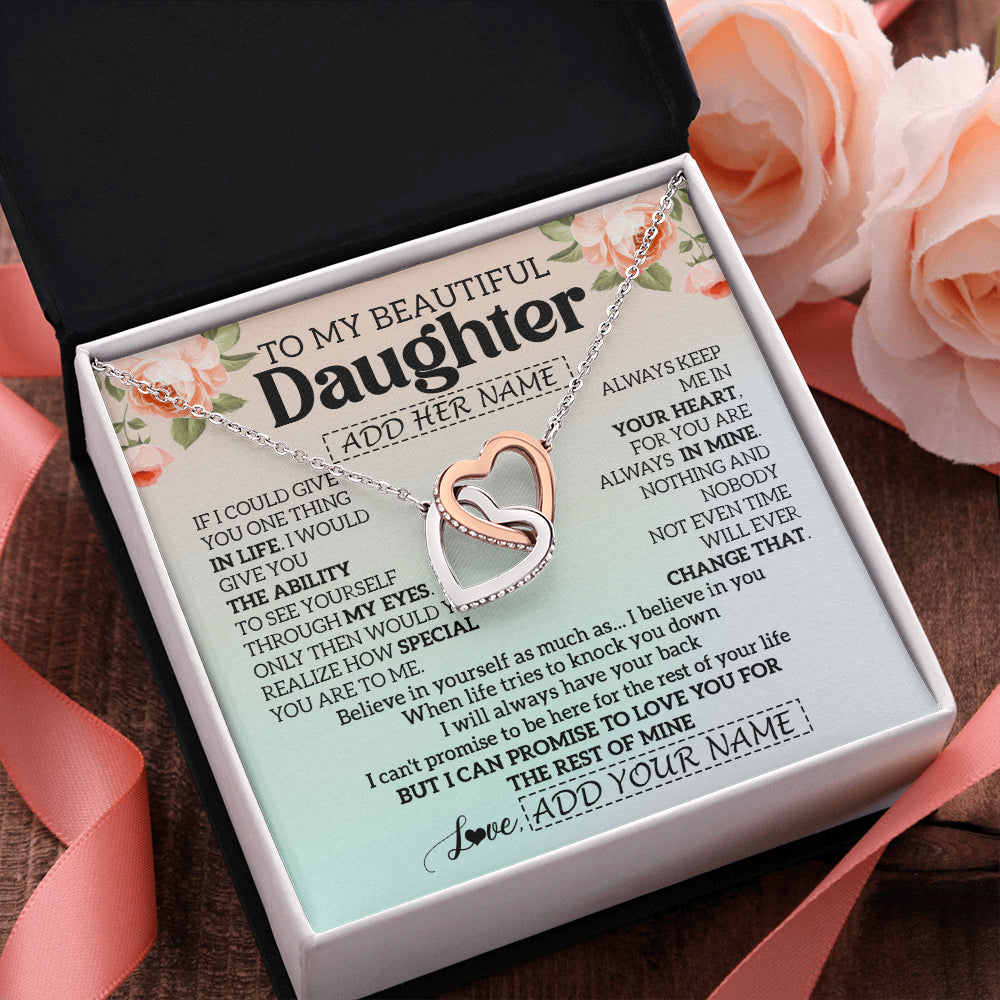 Interlocking Hearts Necklace Stainless Steel & Rose Gold Finish | 2 | Personalized To My Beautiful Daughter Gifts Necklace From Mom Dad Mother Love Jewelry For Daughter Birthday Christmas Customized Gift Box Message Card | siriusteestore