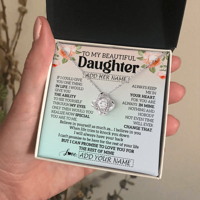 Love Knot Necklace 14K White Gold Finish | 2 | Personalized To My Beautiful Daughter Gifts Necklace From Mom Dad Mother Love Jewelry For Daughter Birthday Christmas Customized Gift Box Message Card | siriusteestore