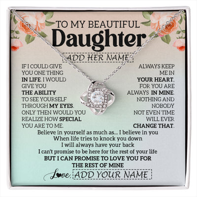 Love Knot Necklace 14K White Gold Finish | 1 | Personalized To My Beautiful Daughter Gifts Necklace From Mom Dad Mother Love Jewelry For Daughter Birthday Christmas Customized Gift Box Message Card | siriusteestore