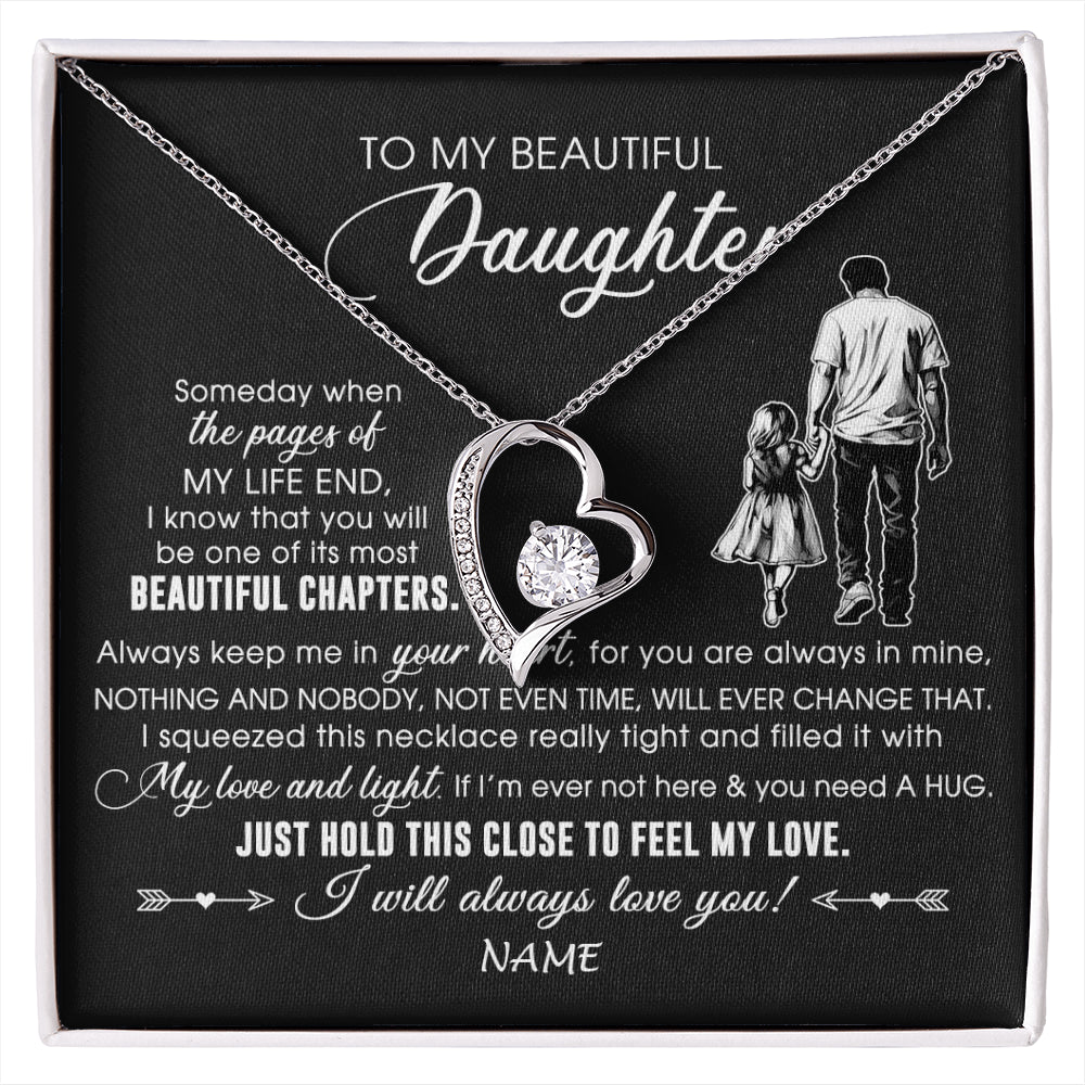 Forever Love Necklace 14K White Gold Finish | 1 | Personalized To My Beautiful Daughter Necklace From Dad Father Always Love You Daughter Birthday Graduation Christmas Customized Gift Box Message Card | siriusteestore