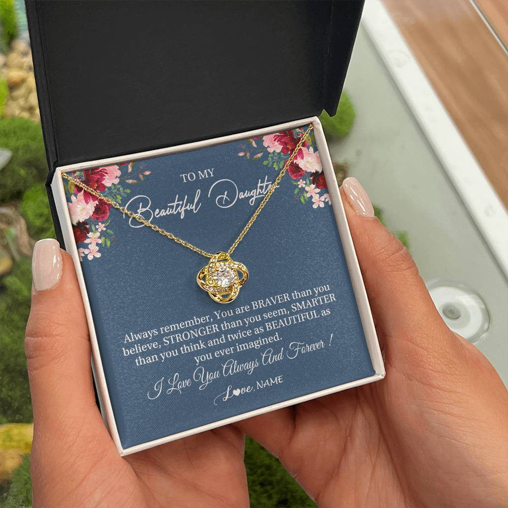 Love Knot Necklace 18K Yellow Gold Finish | Personalized To My Beautiful Daughter Necklace From Dad Mom Braver Stronger Smarter Daughter Jewelry Birthday Graduation Christmas Customized Message Card | siriusteestore