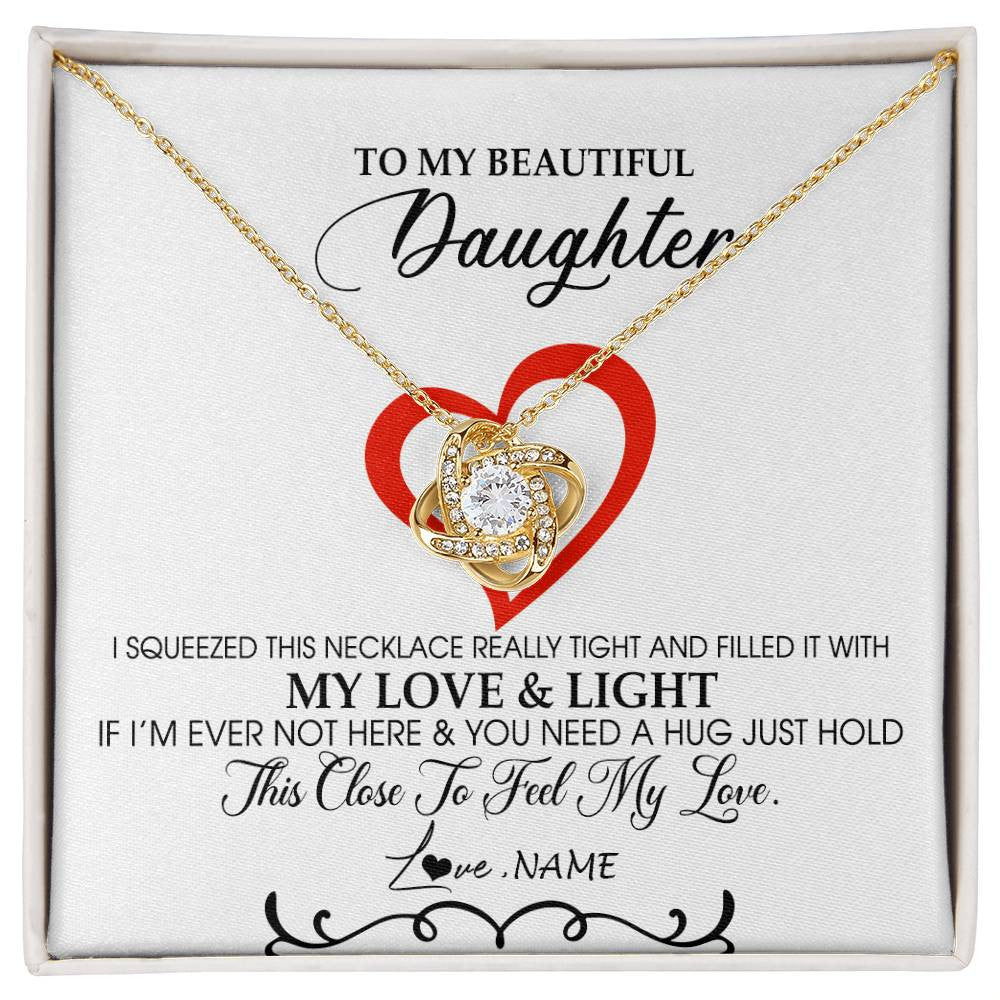 Love Knot Necklace 18K Yellow Gold Finish | Personalized To My Beautiful Daughter Necklace From Dad Mom Filled With My Love and Light Daughter Jewelry Birthday Christmas Customized Message Card | siriusteestore