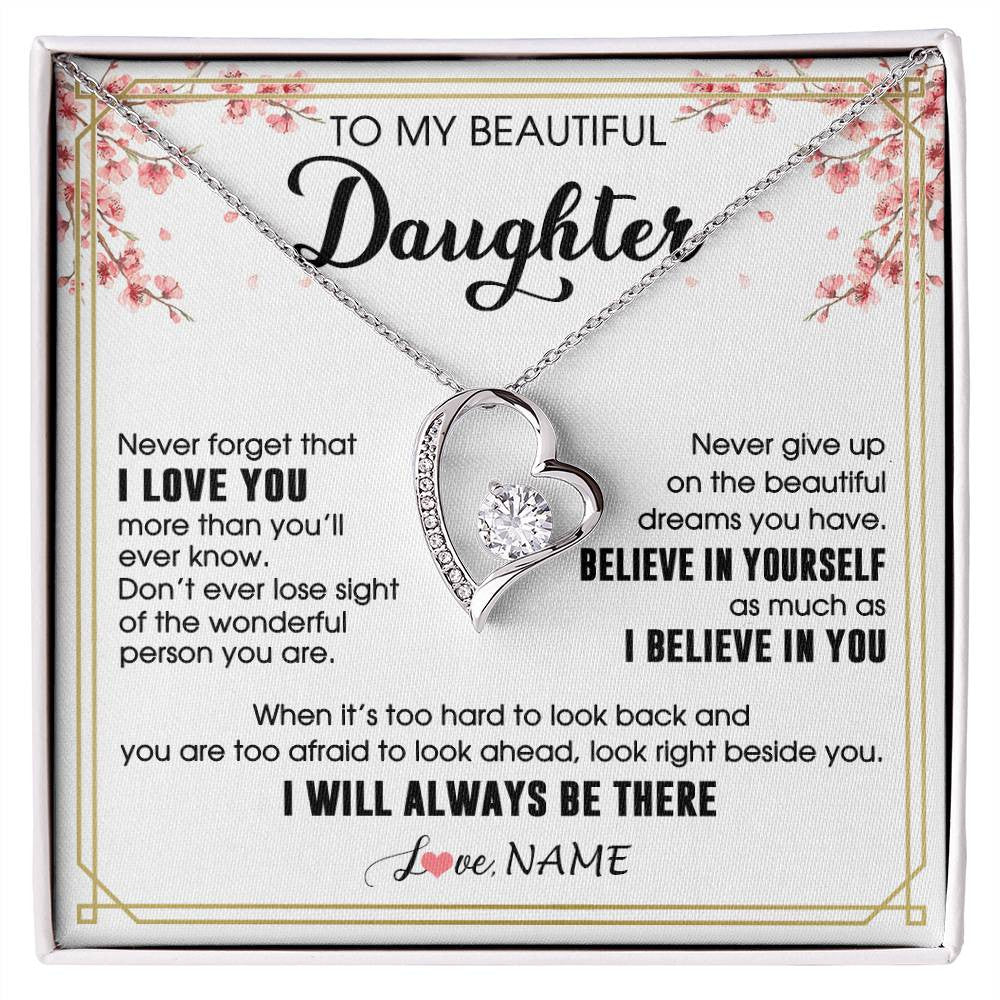Forever Love Necklace 14K White Gold Finish | 1 | Personalized To My Beautiful Daughter Necklace From Mom Dad I Love You Believe In You Daughter Birthday Gifts Christmas Customized Gift Box Message Card | siriusteestore