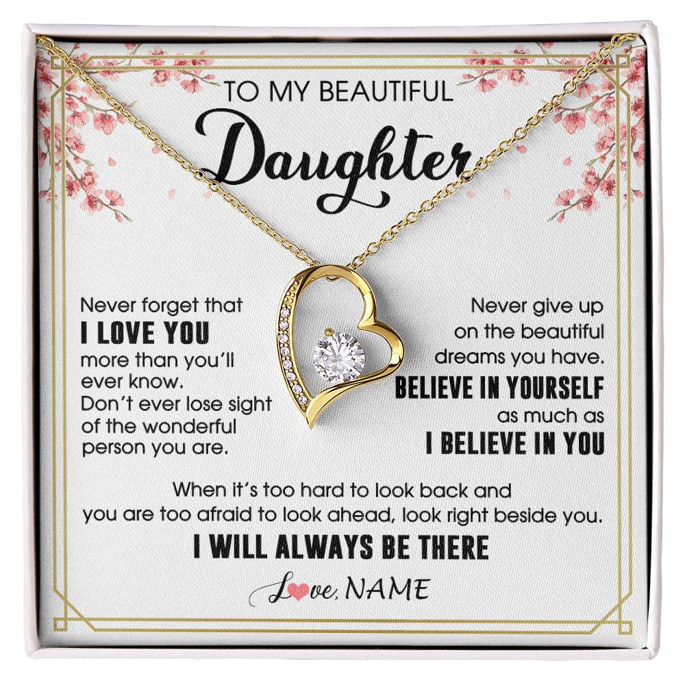 Forever Love Necklace 18K Yellow Gold Finish | 1 | Personalized To My Beautiful Daughter Necklace From Mom Dad I Love You Believe In You Daughter Birthday Gifts Christmas Customized Gift Box Message Card | siriusteestore