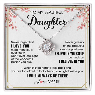 Love Knot Necklace 14K White Gold Finish | 1 | Personalized To My Beautiful Daughter Necklace From Mom Dad I Love You Believe In You Daughter Birthday Gifts Christmas Customized Gift Box Message Card | siriusteestore
