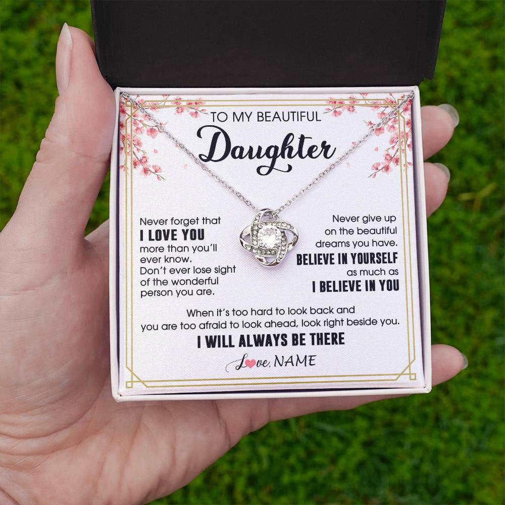 Love Knot Necklace 14K White Gold Finish | 2 | Personalized To My Beautiful Daughter Necklace From Mom Dad I Love You Believe In You Daughter Birthday Gifts Christmas Customized Gift Box Message Card | siriusteestore