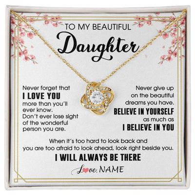 Love Knot Necklace 18K Yellow Gold Finish | 1 | Personalized To My Beautiful Daughter Necklace From Mom Dad I Love You Believe In You Daughter Birthday Gifts Christmas Customized Gift Box Message Card | siriusteestore
